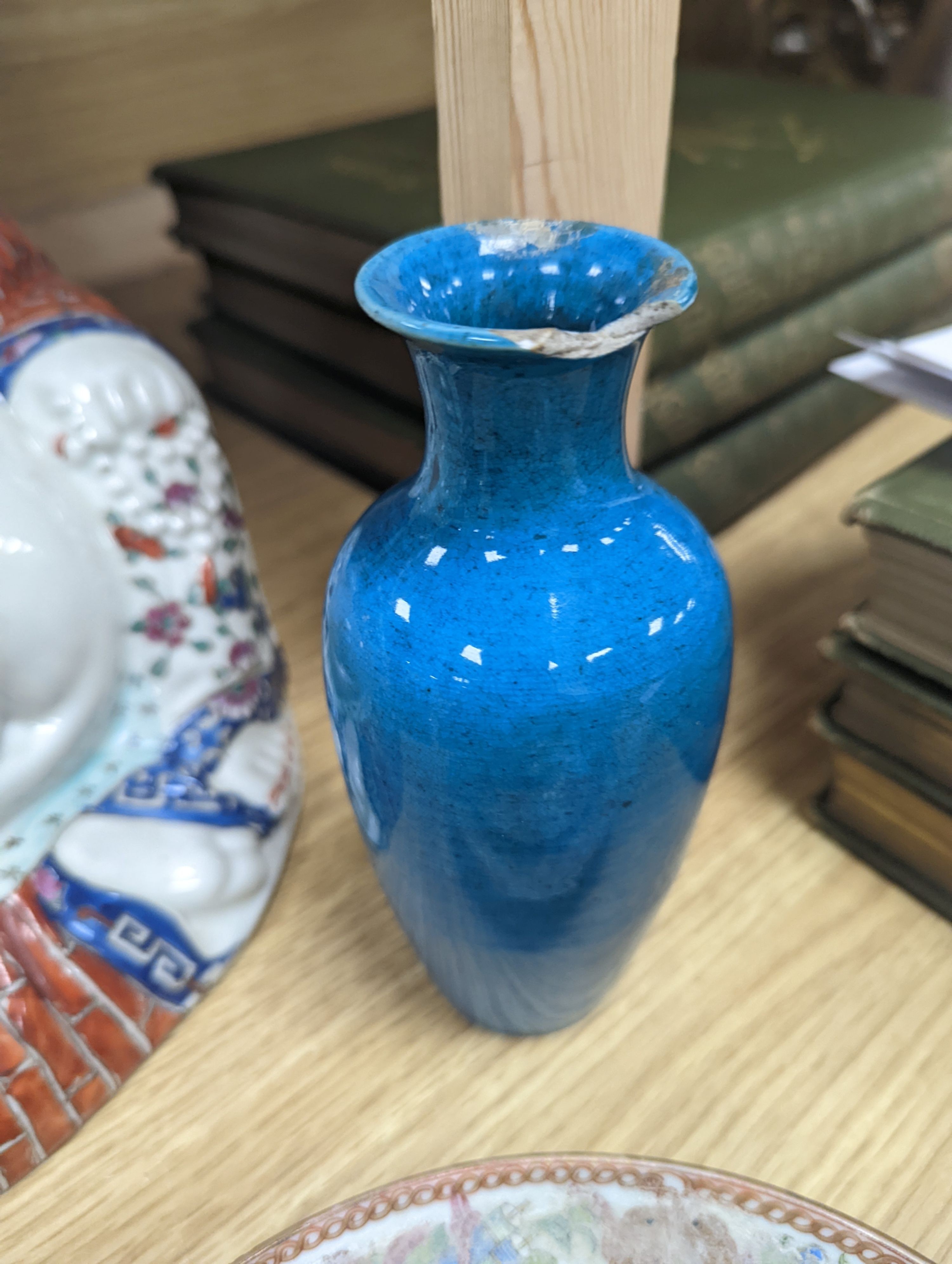 A Chinese famille rose vase, a figure of Budai, a turquoise glaze vase etc, vase 45 cms high.